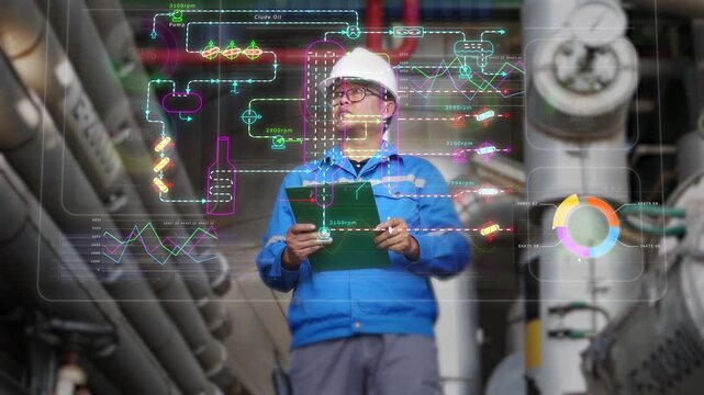 Industrial engineer monitoring a futuristic hologram dashboard displaying petrochemical plant process data, equipment status, and production metrics, representing digital transformation, operational e