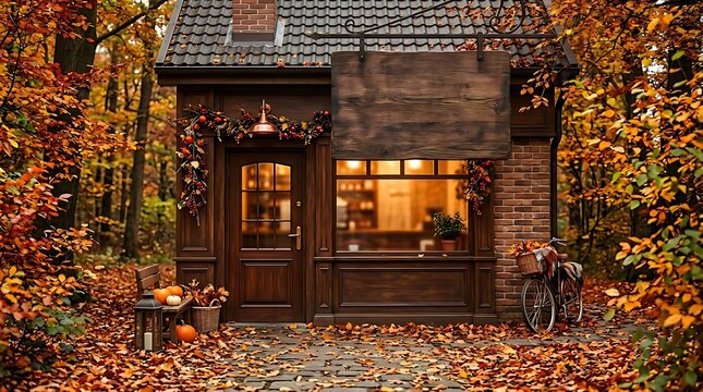 Charming rustic storefront nestled in a vibrant autumn forest setting