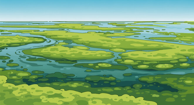 Vector illustration of a massive green algae bloom spreading across the surface of a blue lake or ocean under a clear sky, depicting eutrophication and environmental water pollution.