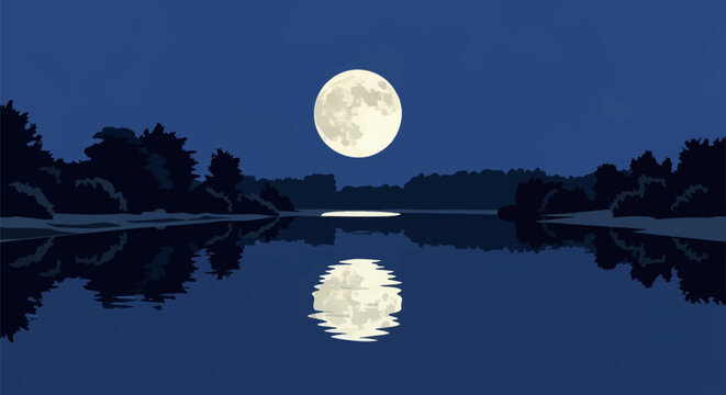 Vector illustration of a large full moon in a dark blue night sky reflecting on the calm surface of a lake surrounded by silhouetted trees and a peaceful nocturnal forest landscape.