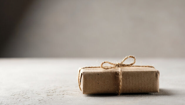 Minimalist brown kraft paper gift box tied with rustic twine string sitting on a textured stone surface with soft side lighting and copy space for sustainable eco-friendly branding
