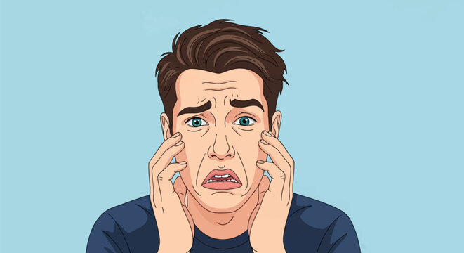 Vector illustration of a young man with brown hair and green eyes displaying a disgusted facial expression, hands near face, wide eyes and grimacing mouth on a light blue background.