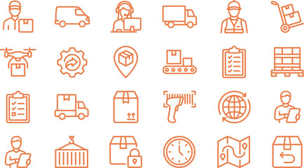 Fototapeta premium A collection of orange logistic and delivery service icons presented as a clean vector illustration graphic.