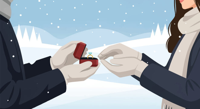 Vector illustration of a marriage proposal in a winter landscape; gloved hands holding an open red box with a diamond engagement ring during snowfall in the snowy outdoors.