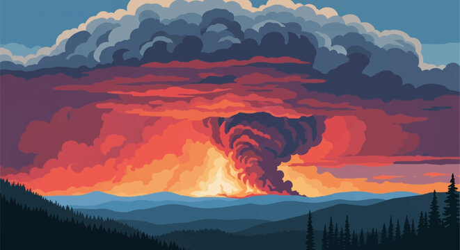 Vector illustration of a massive wildfire smoke plume and pyrocumulus cloud rising over a silhouetted pine forest and blue mountain ranges with intense orange and purple light.