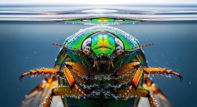 Extreme close up underwater shot of a jewel beetle with iridescent green and blue exoskeleton covered in tiny water droplets emerging from clear water surface with subtle ripples and bokeh background