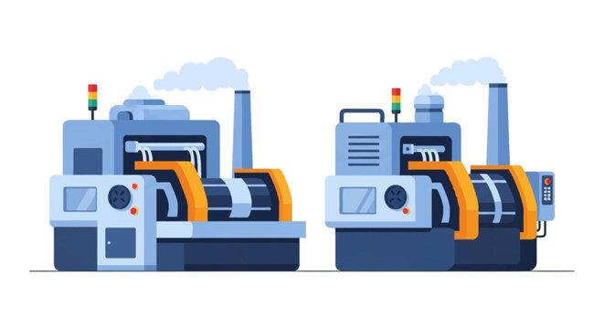 Flat vector illustration of two industrial factory machines with conveyor rollers, chimney smoke stacks, and control panels on a white background for manufacturing concepts.