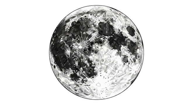 Highly detailed black and white illustration of the full moon surface featuring lunar craters, maria, and ray systems isolated on a plain white background for design projects.