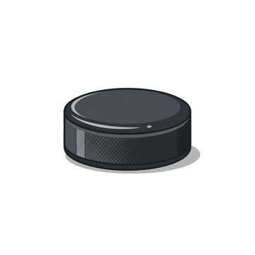 Vector illustration of a standard black ice hockey puck featuring a knurled textured edge and a reflective top surface, isolated on a plain white background with a soft shadow.