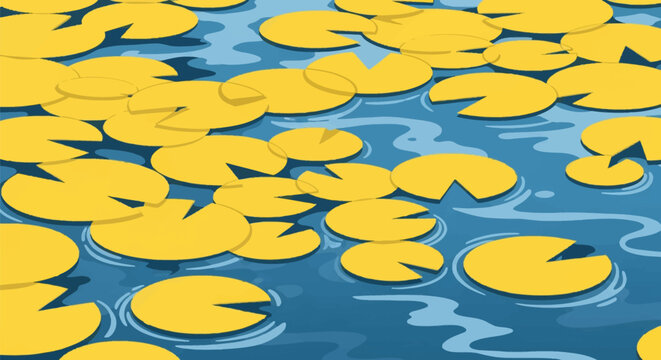 Vector illustration of numerous yellow water lily pads floating on a blue pond surface with gentle ripples. Flat graphic design showing circular aquatic leaves in a minimalist pond.