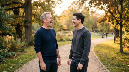 Obraz premium Two men happily conversing in a park during autumn.