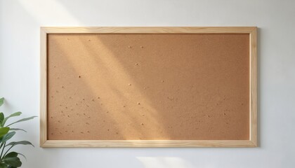 Fototapeta premium Empty cork bulletin board with wooden frame hangs on white wall. Sunlight casts shadows across its textured surface, ready for notes or artwork. Includes scattered pins.