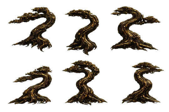 Collection of six luxury bonsai tree sculptures crafted from ebony wood and brass, featuring twisted and gnarled trunks