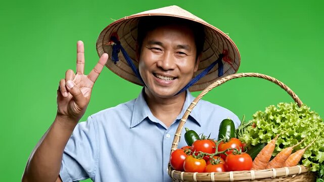 Asian Farmer Holding Basket of Fresh Vegetables and Making Peace Sign.