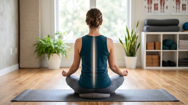 Woman meditating in yoga pose with spine highlighted, promoting wellness and physical health