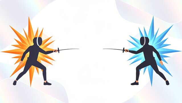 Stylized Fencing Duel Illustration with Contrasting Orange and Blue Energy Bursts