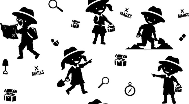 Playful black silhouette characters with travel and detective items.