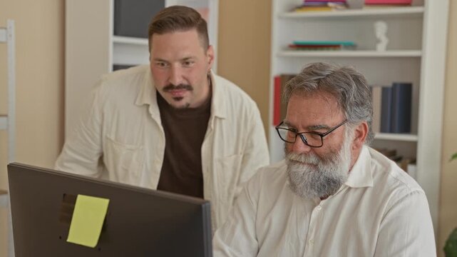 Two men laugh and reach hands for a high five across a desk with a computer and bookshelf while working in an office inside a building; teamwork joy.