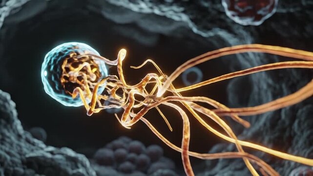 Microscopic view of a glowing cell emphasizing sleek aesthetics and strong visual impact