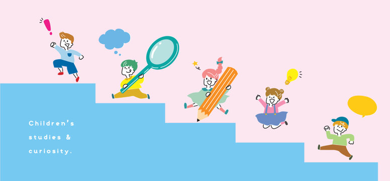 子供たちの学習の成長をイメージした線画イラスト　勉強のステップアップ
