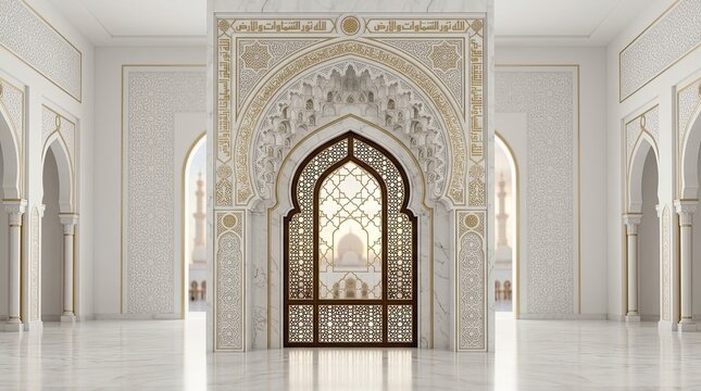 Elegant islamic architectural interior with ornate geometric patterns intricate calligraphy and grand archways illuminated by soft natural light creating a serene and spiritual ambiance ideal
