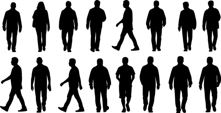 Walking People Silhouettes from Different Sides and Profiles. Diverse Crowd Moving, Pedestrians and Urban Walkers on White Background.