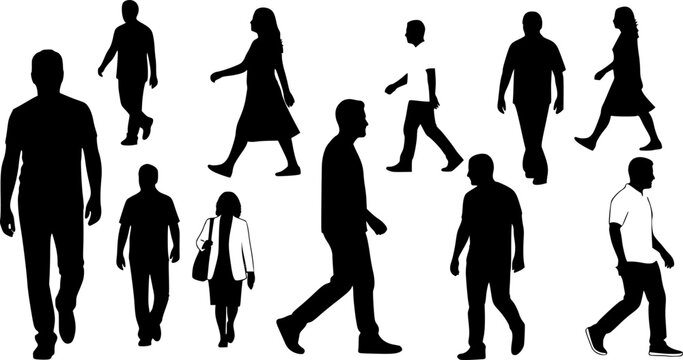 Walking People Silhouettes from Different Sides and Profiles. Diverse Crowd Moving, Pedestrians and Urban Walkers on White Background.