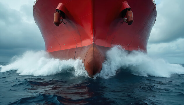 Red cargo ship bow cuts ocean waves. Vessel sails through deep blue water creating white foam. Large freighter navigates rough sea under cloudy sky.
