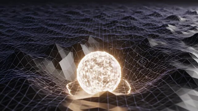 Digital landscape with glowing orb ideal for eco-friendly campaigns and travel vlogs