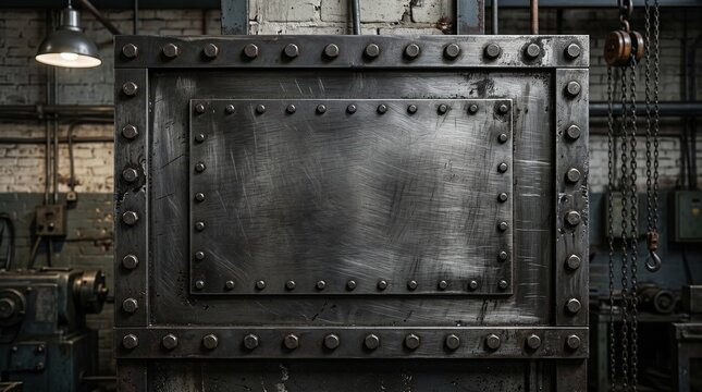 Dark steel industrial panel with rivets and brushed texture