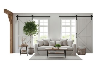 Fototapeta premium Modern living room with sliding barn doors and cozy sofa