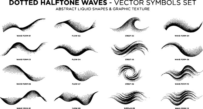 Dotted halftone waves. Abstract liquid shapes, wave effect dotted gradient texture waves isolated vector symbols set. Halftone graphic dots waves