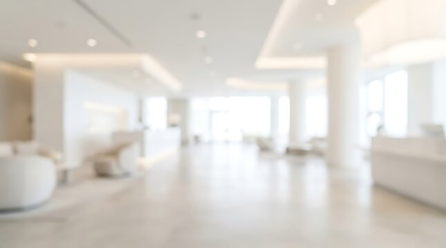 Abstract blurred background of a contemporary luxury hotel lobby or modern office reception area with bright white decor