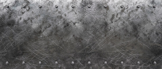 Dark grunge scratched metal texture background with iron rivets.