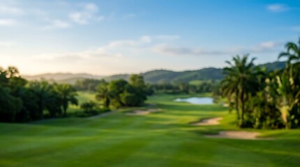 Fototapeta premium Beautiful Expansive Golf Course with Lush Green Fairways, Tranquil Lake, and Scenic Hills Under a Soft Sky