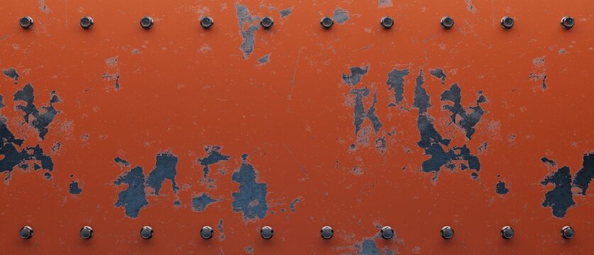 Peeling orange paint on rusty metal texture background with rivets.