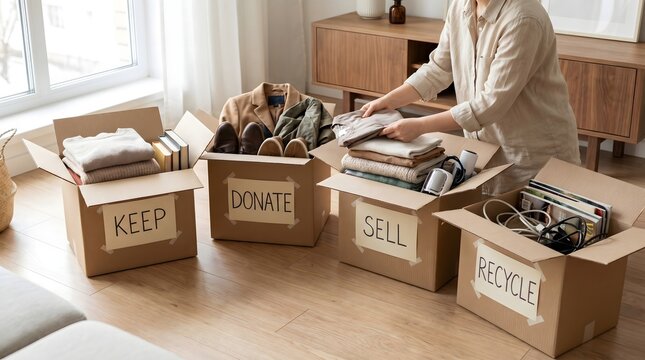 Mindful decluttering process Individual sorts personal belongings into 'Keep,' 'Donate,' 'Sell,' and 'Recycle' boxes, fostering sustainable living and a tidy home environment