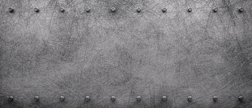 Dark grunge scratched metal texture background with iron rivets.