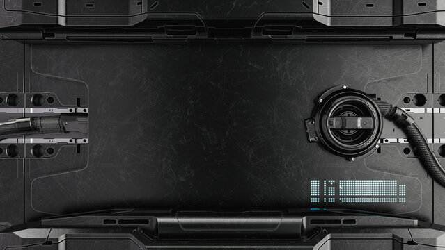 Sci-fi futuristic dark metal panel background with glowing lights.