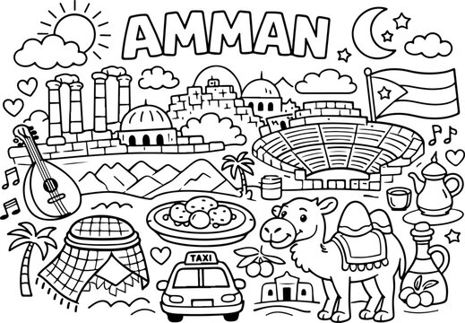 Amman jordan cartoon outline hand drawn Line Art illustration doodle art coloring page for kids