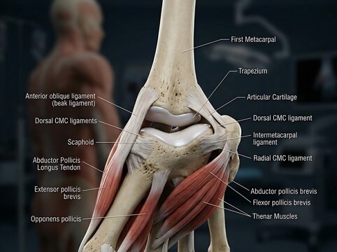 Photorealistic 3D CGI illustration of realistic human thumb saddle joint detailed orthopedic anatomy visible metacarpal trapezium cartilage ligaments tendons and muscle attachments cinematic studio li