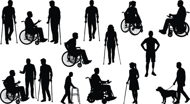Vector silhouettes of disabled people with wheelchairs crutches prosthetic leg walker and service dog isolated on white