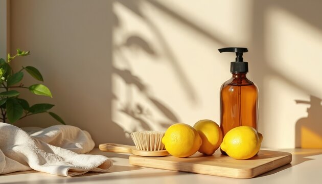 Natural cleaning supplies with lemons and brush. Amber bottle of soap dispenser sits on wood board. Green plant nearby. Clean home hygiene concept. Eco friendly domestic.