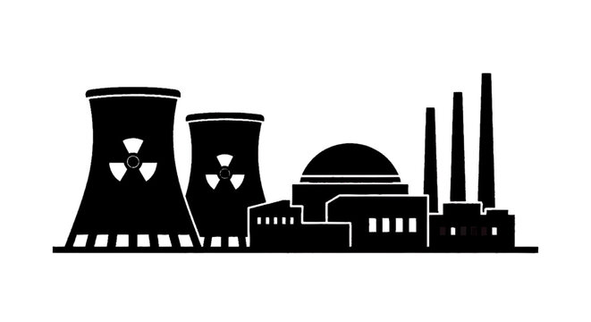 Minimal black silhouette icon, simple flat vector, bold black shape, no, no shading silhouette of a nuclear power plant with cooling towers and reactor dome on a, flat icon style