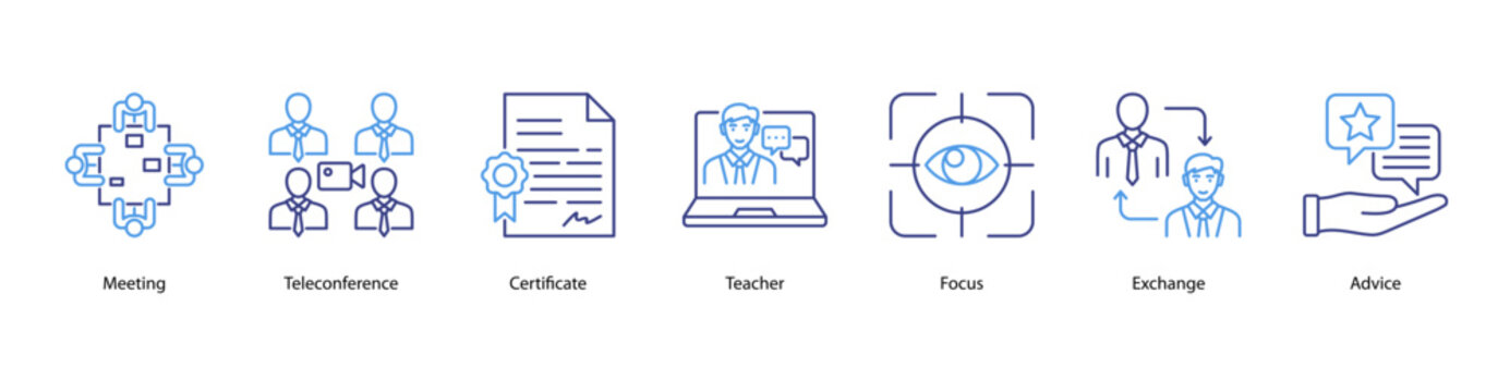 Team Collaboration web banner icon vector illustration featuring Meeting, Teleconference, Certificate, Teacher, Focus, Exchange, and Advice for workplace productivity.