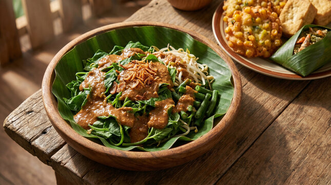 Authentic Indonesian pecel served in wooden bowl with fresh vegetables and peanut dressing, healthy traditional cuisine concept with rustic atmosphere.
