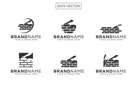 set of brick wall bricklayer logo icon symbol vector illustration, bundle and package of red brick