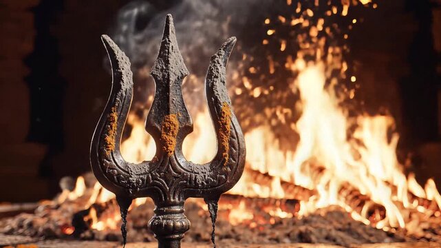 Sawan shivratri holy ritual fire with sacred bronze trishula trident