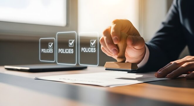 Businessperson stamping document with policies approval