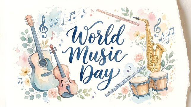 World Music Day Watercolor Illustration with Hand Lettering and Artistic Musical Instruments